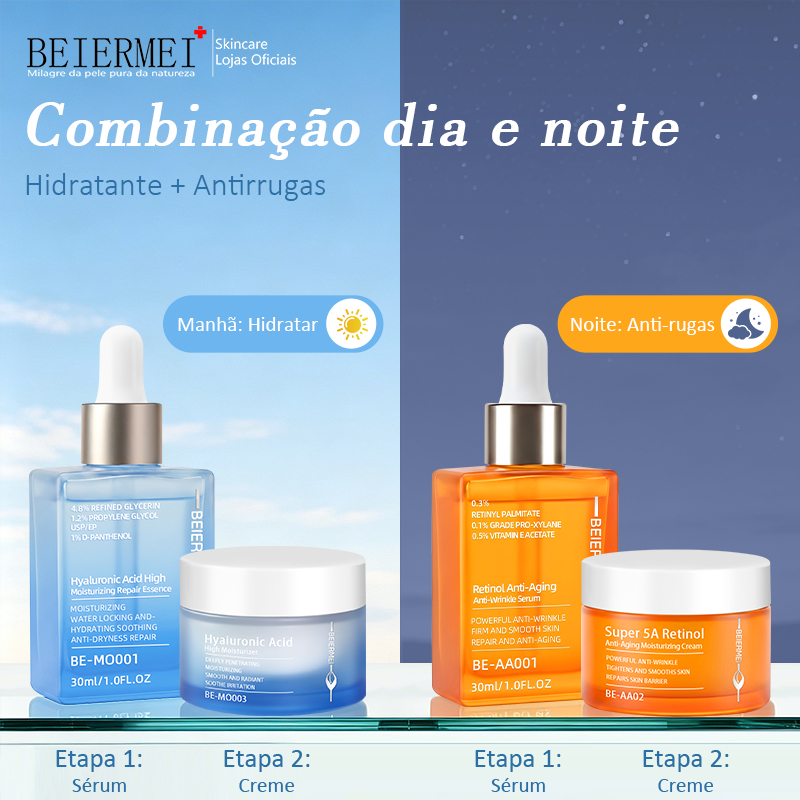 Imagem Beiermei [Combinação dia e noite] Kit 2 Sérum Retinol + Hialurônicos Hidrata e reduz rugas, ilumina o tom da pele