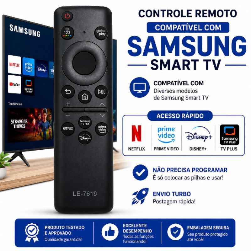 Controle Remoto Smart Compatível TV Samsung LE-7619 Netflix YouTube Disney+ Prim