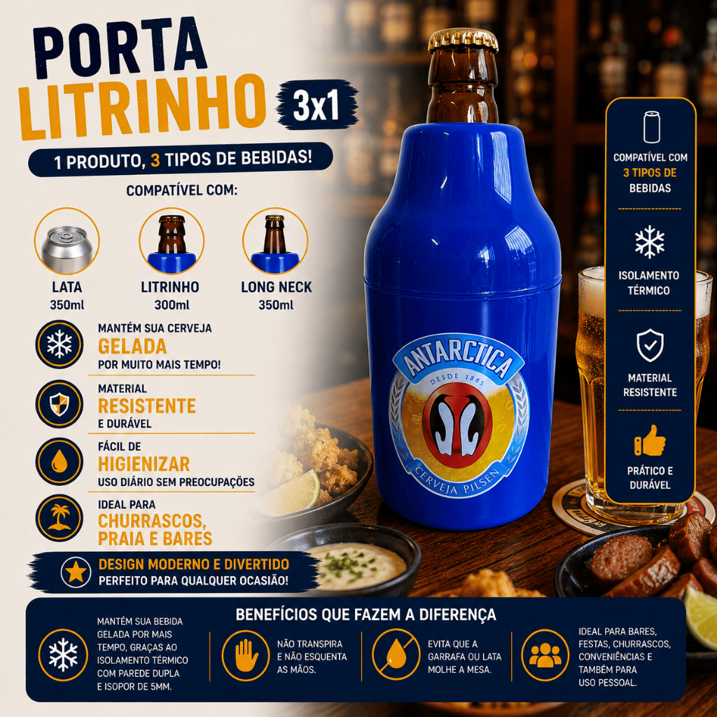 PORTA LATA  SUPORTE CERVEJA LITRINHO 3x1 LONG NECK TÉRMICO ANTARTICA