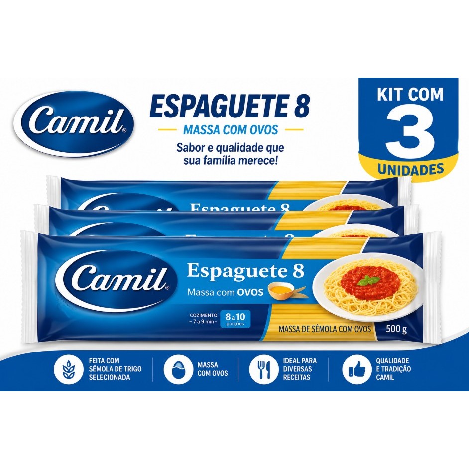 Macarrão Espaguete Camil Nº 8 500g Kit com 3 Unidades Massa com Ovos Sêmola