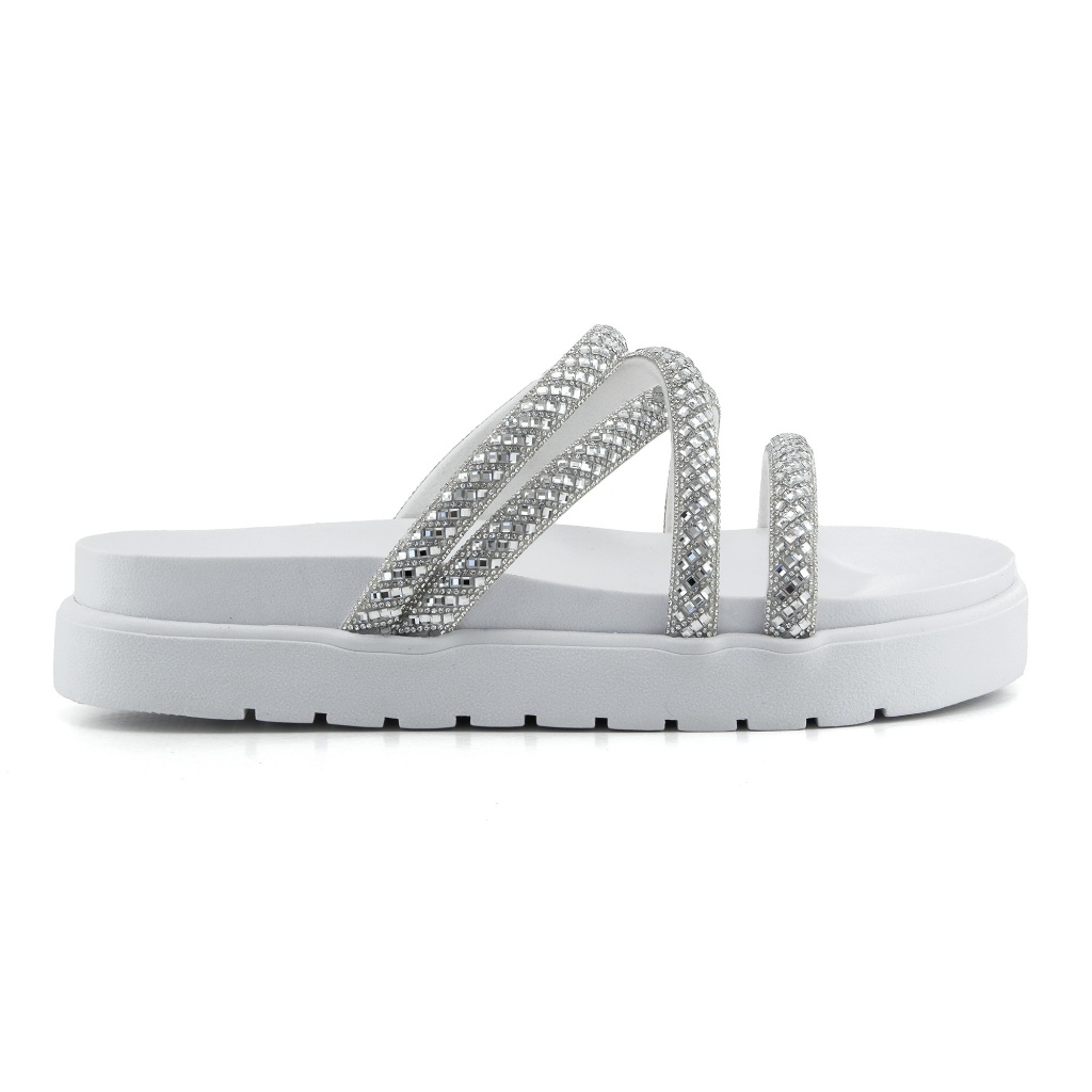 Sandália Papete Feminina Casual Pedrinha Antiderrapante Strass Flatform Confortável Leve Moda Tiras Brilho