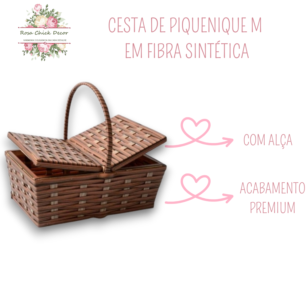 Cesta Piquenique Fibra Sintética Luxo Café da Manhã 40x25x14 Resistente Multiuso Média Sintética