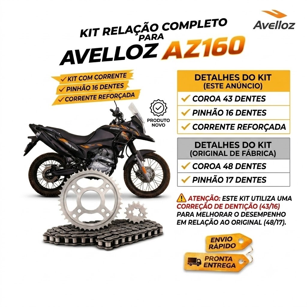 Kit Relação Transmissão Avelloz AZ 160 Corrente Coroa Pinhão