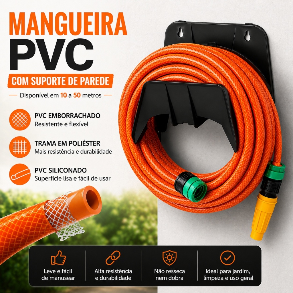 Mangueira Jardim Trançada Laranja 10 a 50 Metros  Com Suporte Mangueira Pronta para uso.