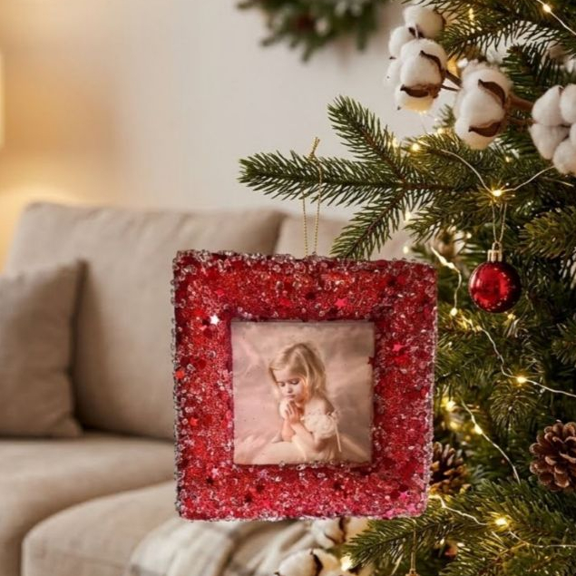 Enfeite Natalino Porta Retrato Para Árvore de Natal - Porta Retrato Vermelho com Brilho 12cm -