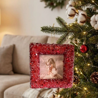Enfeite Natalino Porta Retrato Para Árvore de Natal - Porta Retrato Vermelho com Brilho 12cm -