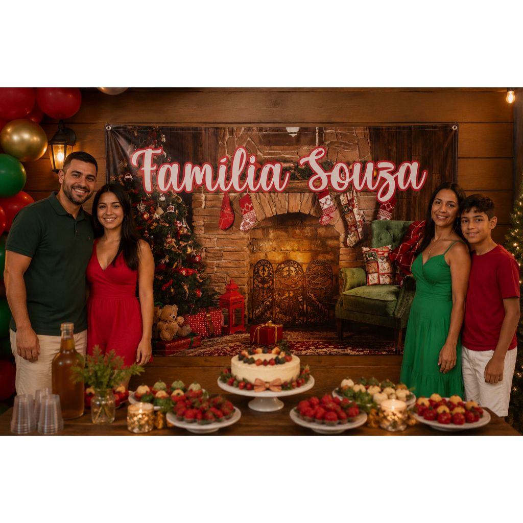 Lona BannerGRANDE  Decoração Festa Feliz Natal Lareira Papai Noel - Nome da Sua Família