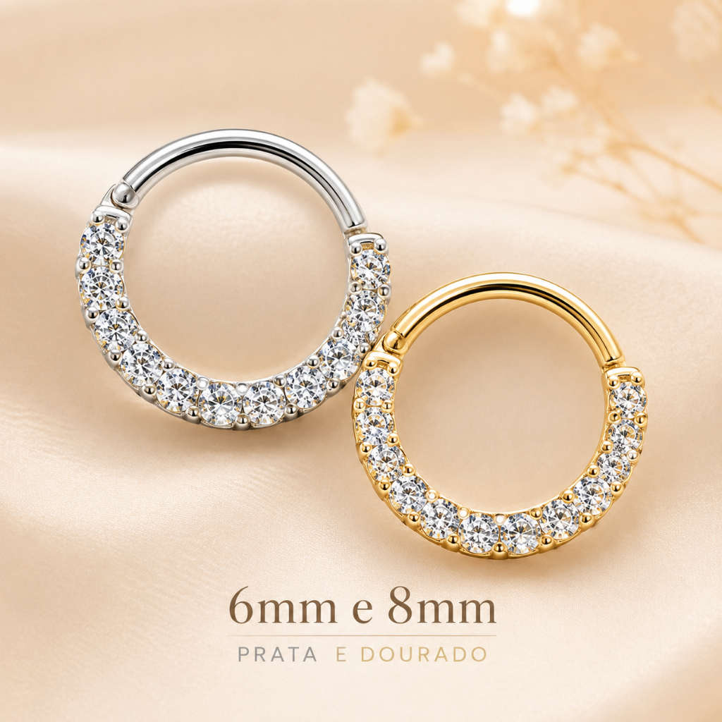 Piercing Septo Feminino Cravejado Strass 6mm 8mm Folheado Prata Dourado