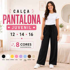 Calça Pantalona Juvenil Feminina Tecido Duna Cintura Alta Elástico Wide Leg Tam 12 14 16 |7098| Lançamento