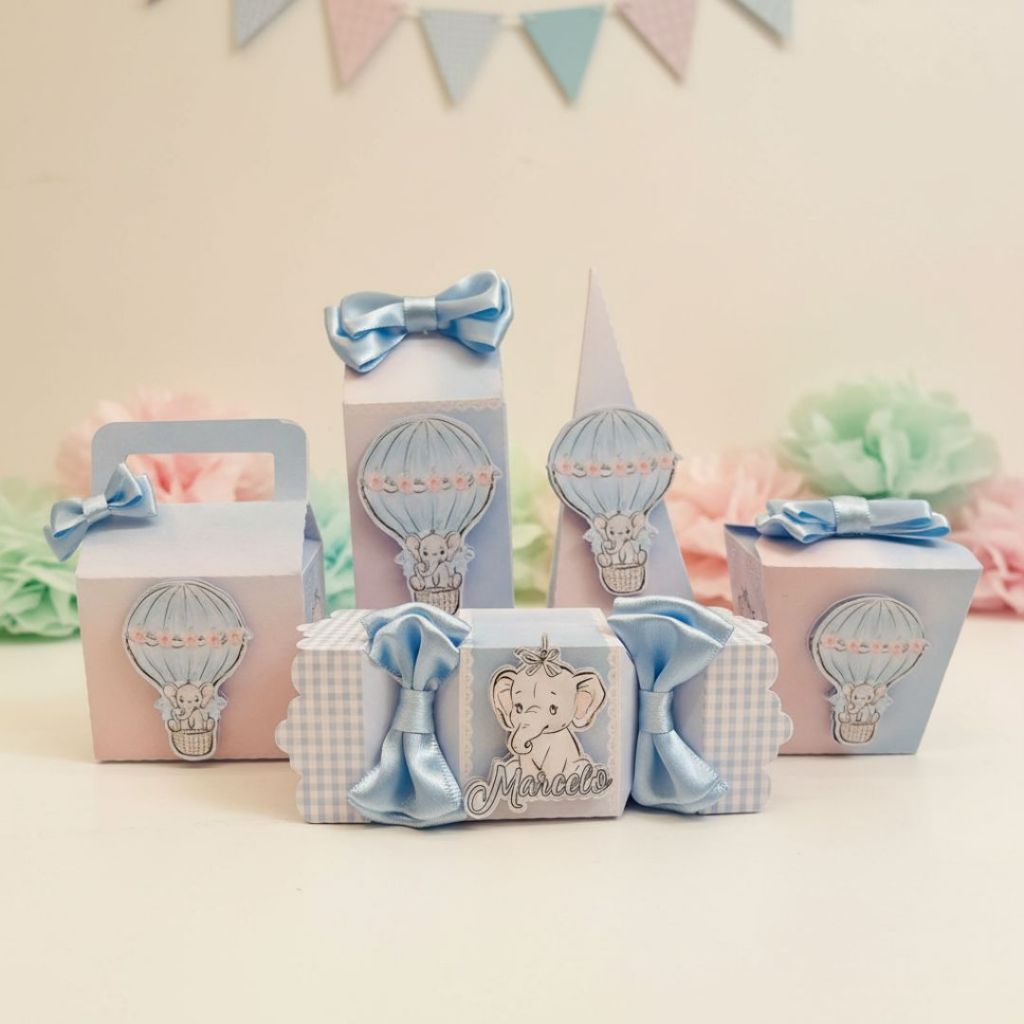 KIT FESTA ELEFANTINHO AZUL LEMBRANCINHA DE ANIVERSÁRIO INFANTIL CAIXINHA PERSONALIZADA/  NOME/IDADE