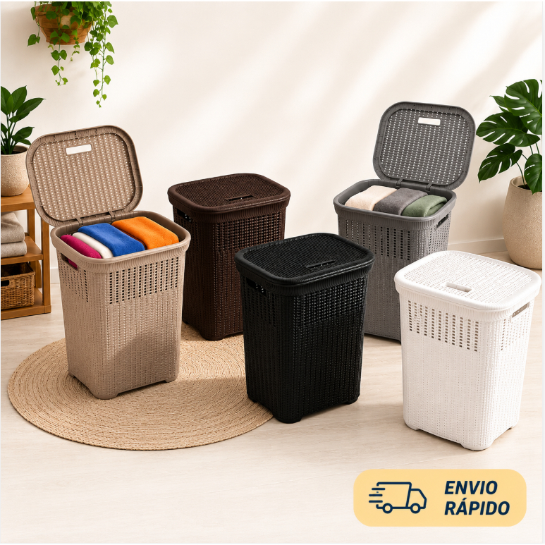 cesto de roupa suja 50 litros rattan tampa basculante premium