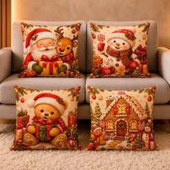 Kit 4 Capas de Almofada 40x40 Oxford Natal Papai Noel Boneco de Neve Rena Trenó Decoração