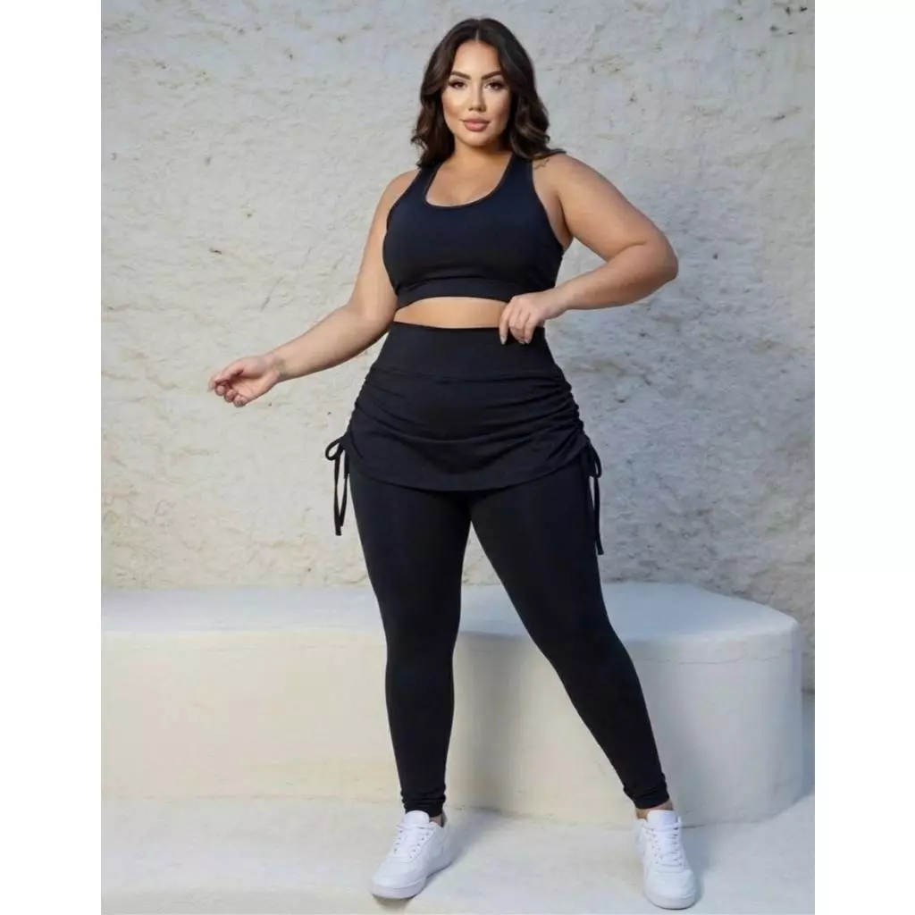 Conjunto Feminino Plus Size Suplex Fitnes Top e Calça Legging Com Saia Tapa Bumbum  G1 G2 G3 Cós Alto Grossa Academia — imagem 1