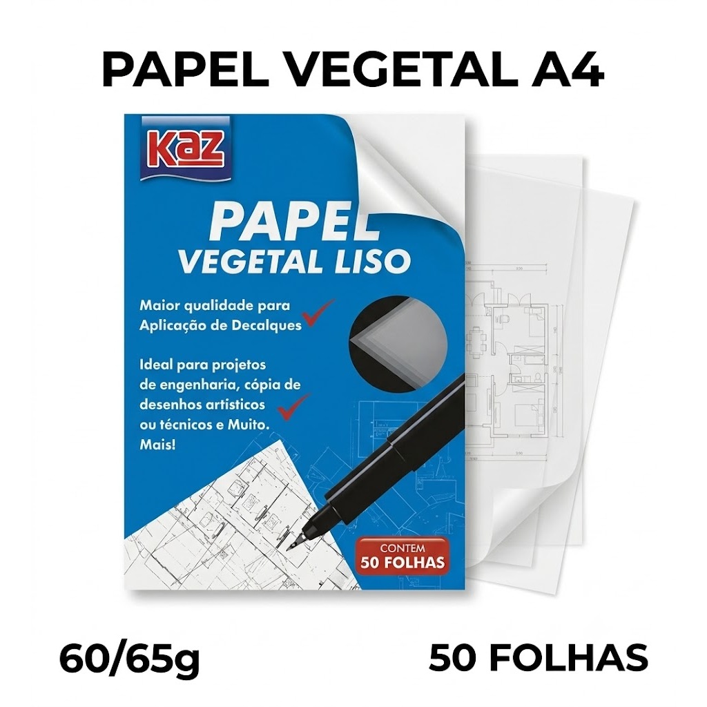 Papel Vegetal Liso A4 60/65g 50 Folhas Branco Translúcido Desenho Técnico Escolar