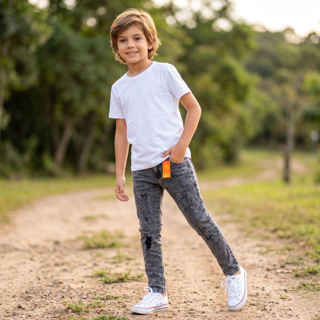 Calça Jeans Masculina infantil Skinny Destroyed Estilo Jogador com Lycra e Regulagem Interna