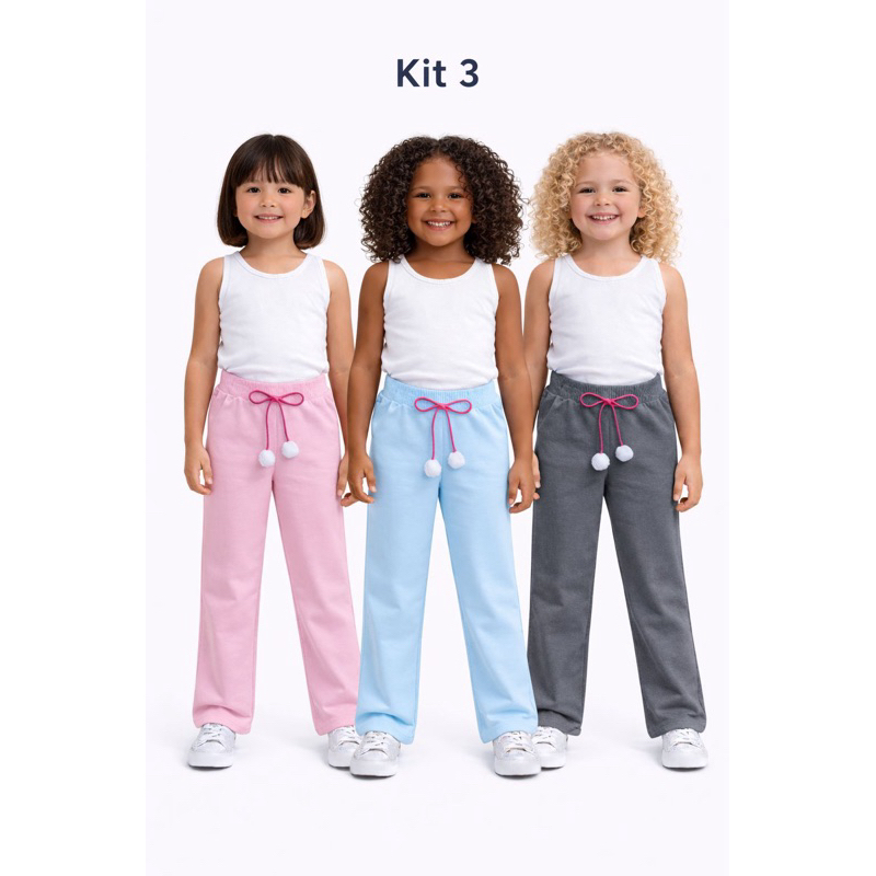 Kit 3 Calças Infantil Moletinho Menina 2 ao 12 Dia a Dia Roupa Juvenil Inverno