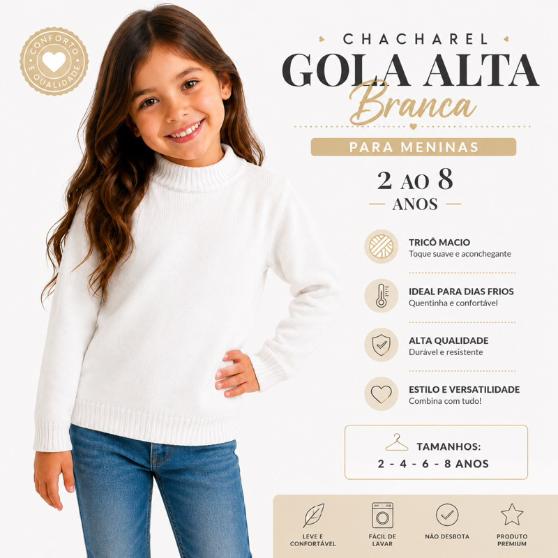 Blusa de lã BRANCA infantil menina gola alta cacharrel inverno frio
