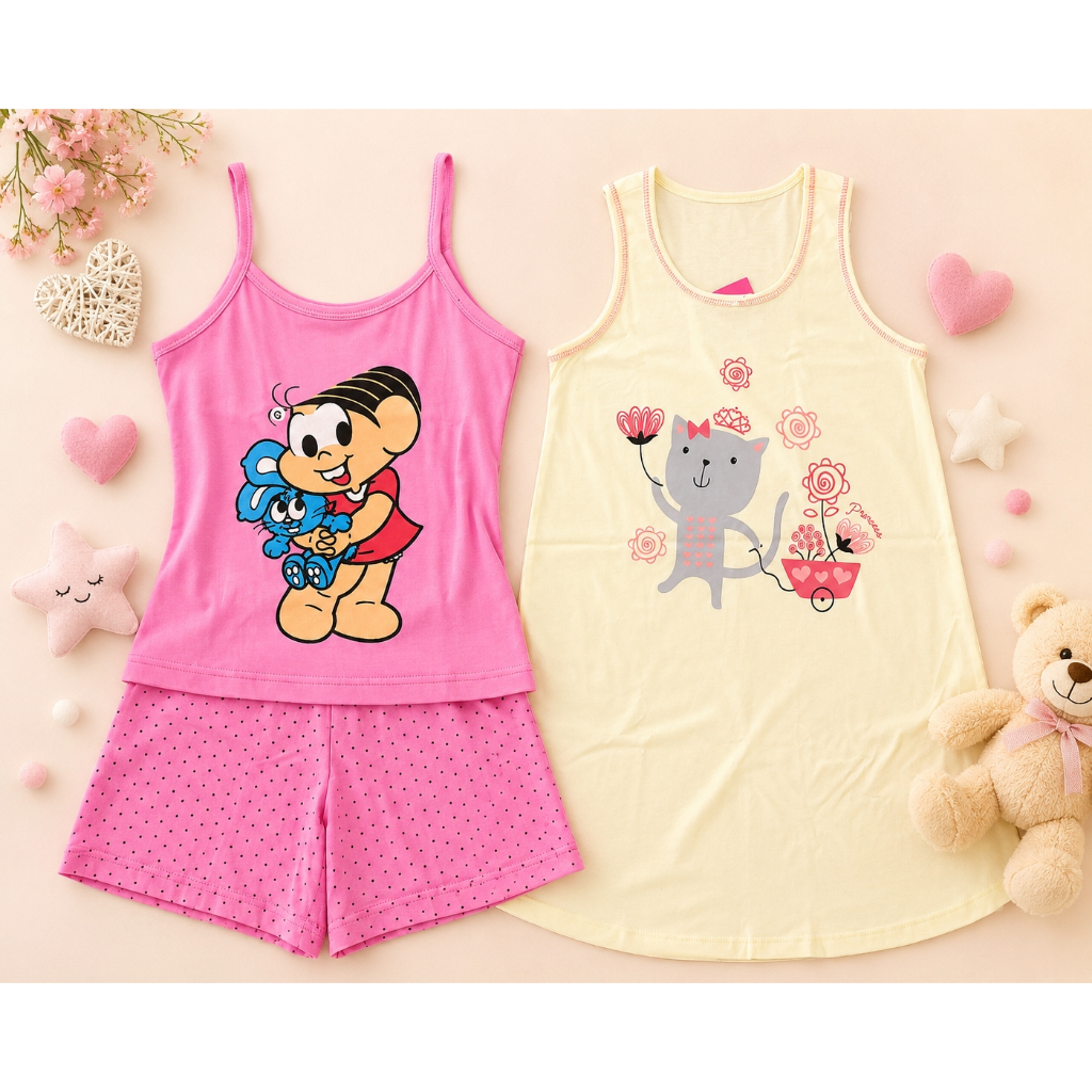 Camisola/Baby Doll Infantil Feminina 100% Algodão Estampada Confortável para Dormir Pijama Menina