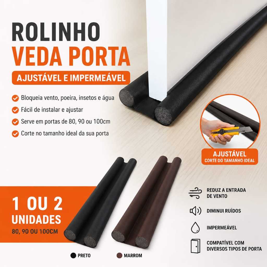 Kit 1 ou 2 Veda Porta Ajustável Protetor Rolinho Tapa Porta Impermeável 80cm 90cm 100cm