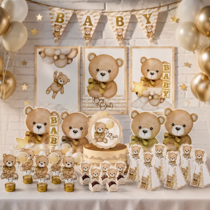 Kit Festa CHÁ REVELAÇÃO URSINHO | Papelaria Personalizada | Decoração de Mesa | Topo de Bolo | Displays | Aplique