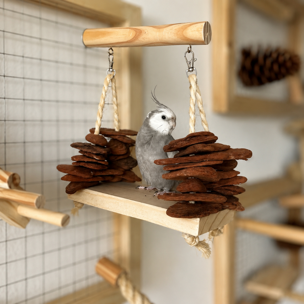 Plataforma Balanço Com Casca De Pinus Natural  Para Pássaros