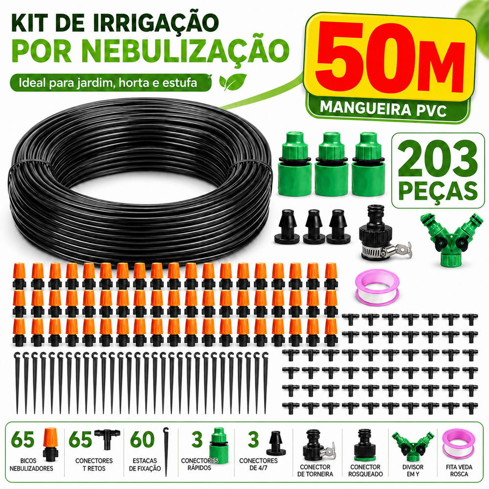 Kit de sistema de nebulização para jardim com tubo de pulverização de 50 m para irrigação automática ajustável.