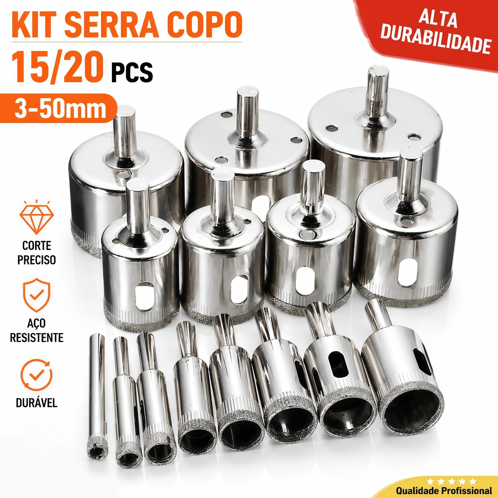 Jogo 15/20 Brocas Diamantadas Serra Copo furar Vidro Granito Ceramica 6 a 50 mm kit ferramentas