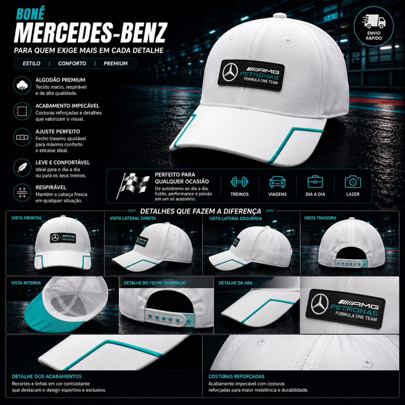 BONÉ MERCEDES-BENZ AMG FÓRMULA ONE TEAM BRANCO COM DETALHES EM VERDE E SÍMBOLO EMBORRACHADO