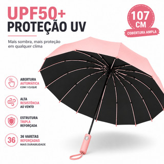 Guarda Chuva Dobrável Automático UPF50+ Anti Vento 36 Varetas Estrutura Tripla Grande 107cm Compacto Proteção UV