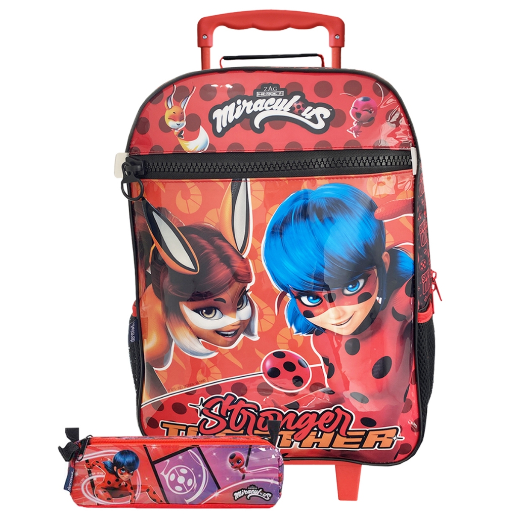 Kit Mochila Escolar De Rodinhas + Estojo Ladybug Miraculous E Alya Desenho Animado Menina Joaninha