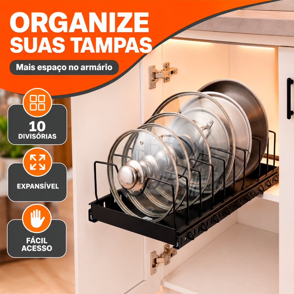 Suporte Expansível para Tampas de Panela com 10 Divisórias Organizador de Cozinha