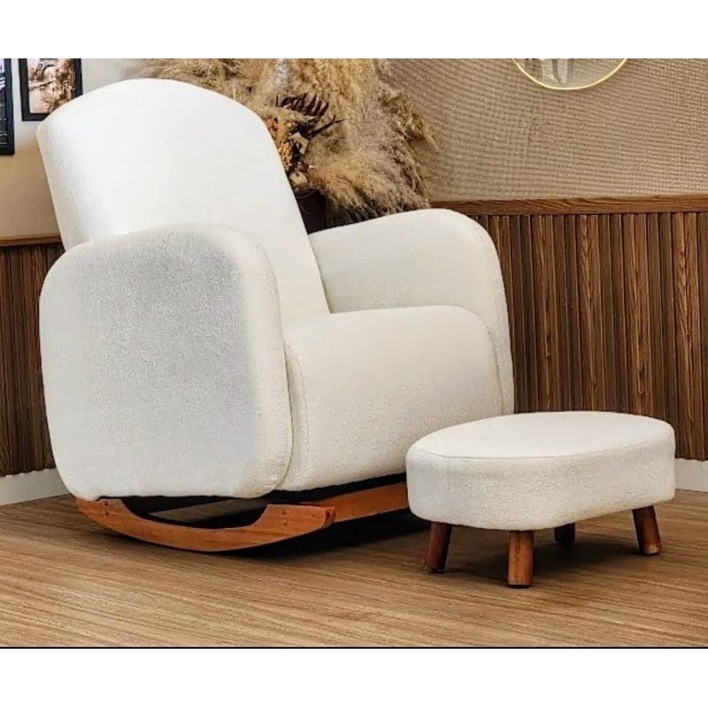 Poltrona de Balanço com Puff para Amamentação Tecido Boucle - Poltrona e Puff para Amamentar Curva Opala Cadeira