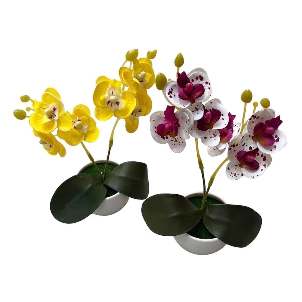 Arranjinho de Orquídeas Artificiais com Vaso Decorativo Completo