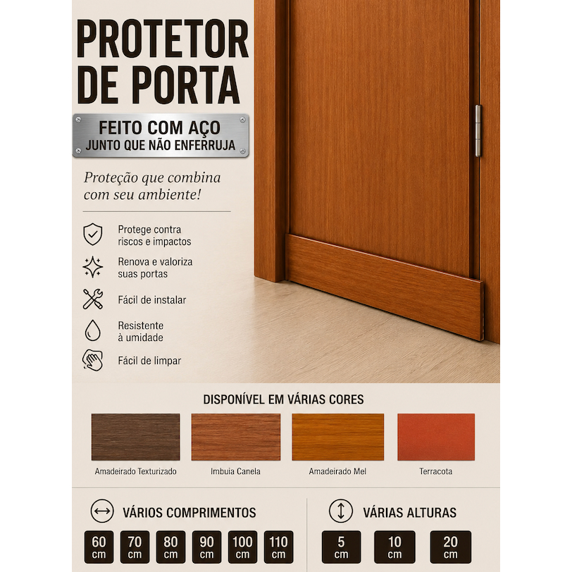 Salva Protetor de Porta  com 3,5cm de espessura Diveresas Medidas Metal com Pintura Amadeirada