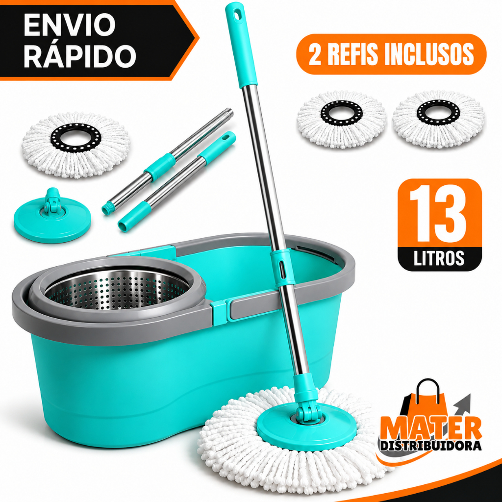 Mop Giratório 360º Desaguador Centrifuga 13 Litros Cesto e Cabo Inox e Rodinhas Esfregão Multiuso