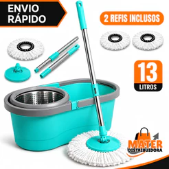 Mop Giratório 360º Desaguador Centrifuga 13 Litros Cesto e Cabo Inox e Rodinhas Esfregão Multiuso