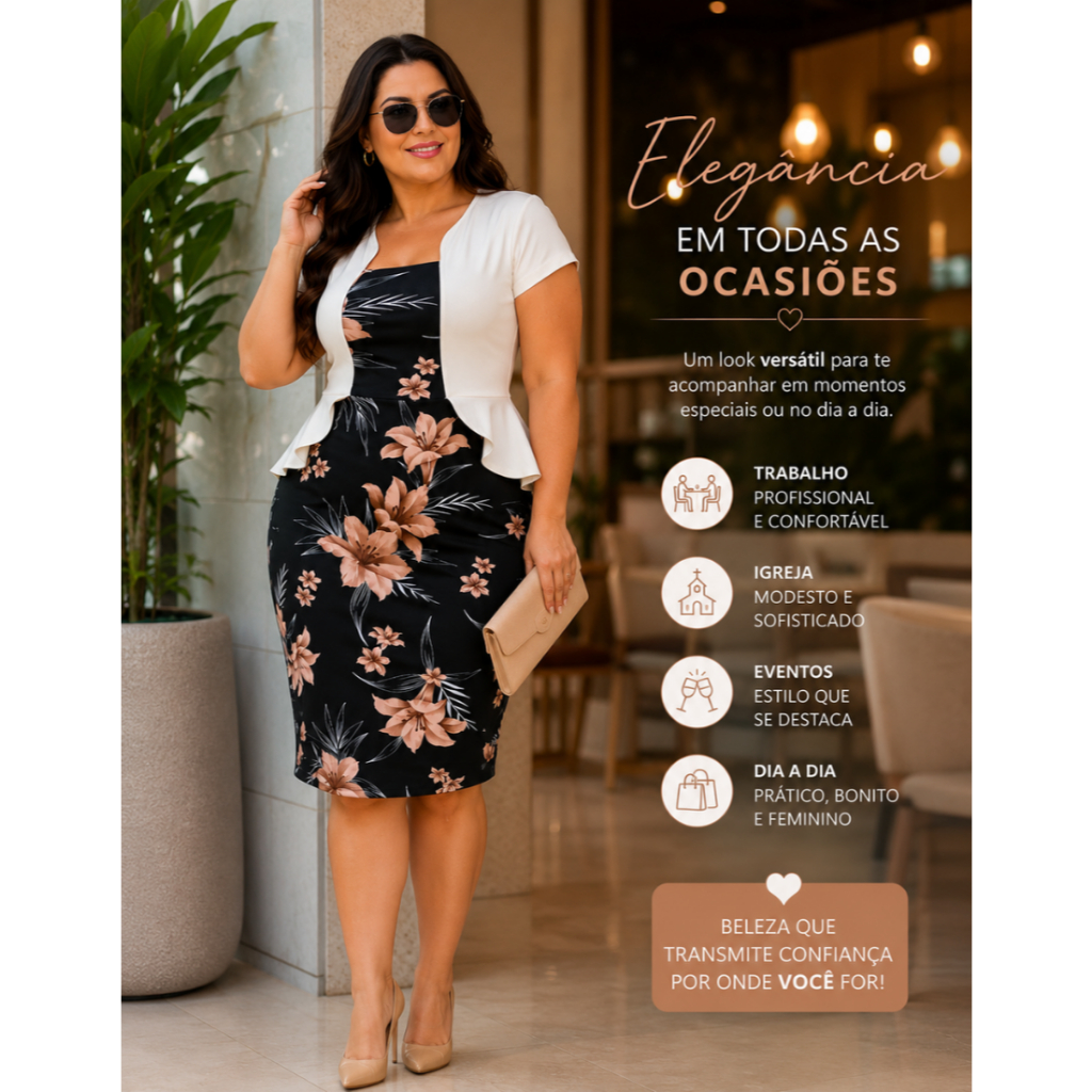 Vestido Midi Plus Size Social Chiq Moda Evangélica Estampado Marrom Festa Trabalho Inverno