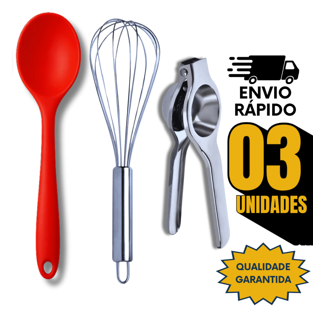Jogo Batedor de Claras Chantily Espremedor Limão Aço Inox e Colher de Silicone Servir Utilidades
