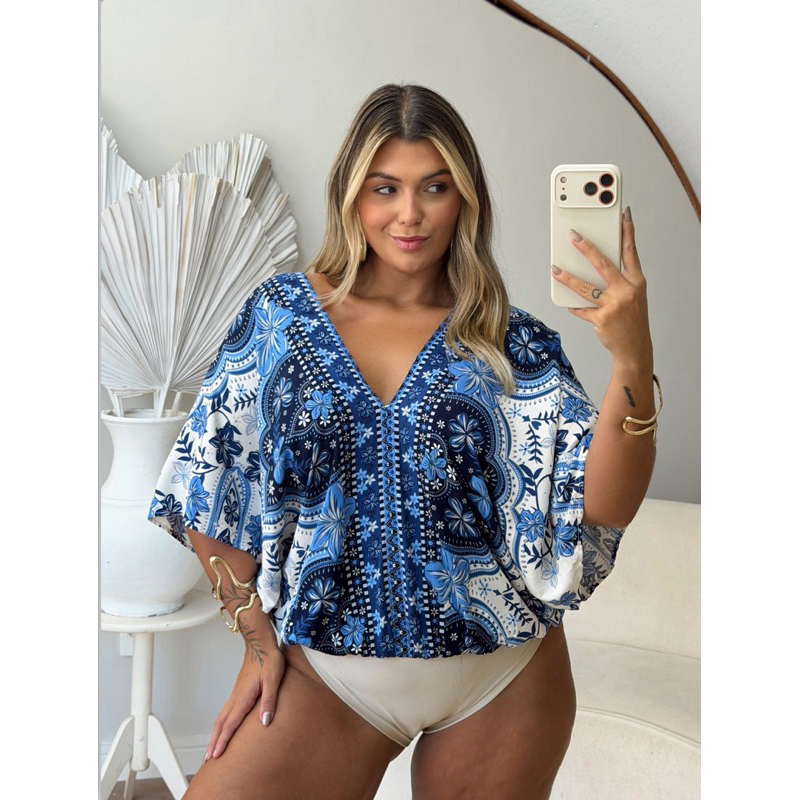 Body plus size blusa plus size body estampado morcego elegante com decote body estampado floral Body casual elegante T1