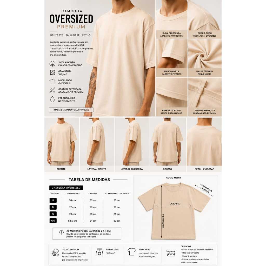 Camiseta Oversized Masculina Esportiva Casual Bege 100% Algodão Camisa Larga Streetwear