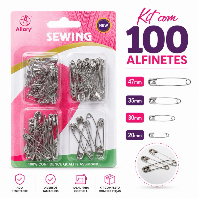 Kit com 100 Alfinetes de Segurança Sortidos – 4 Tamanhos para Costura e Artesanato