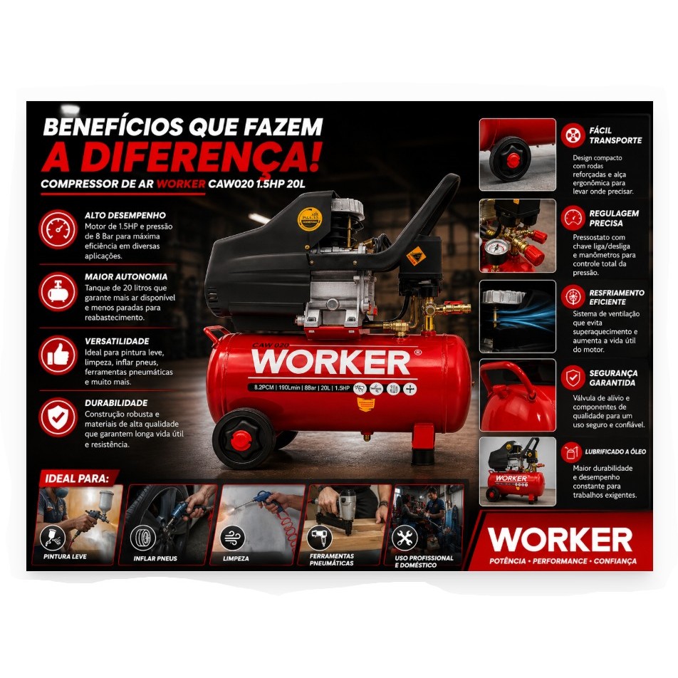 Compressor de Ar Worker 1.5HP 20L 8Bar – 127V ou 220V | Portátil e Potente · foto 2