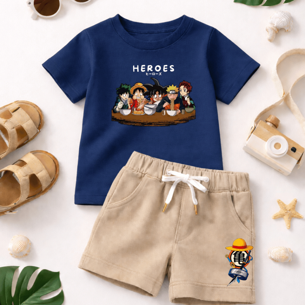Conjunto Infatil para meninos - Estiloso para o Verão - Personagens Anime - Camiseta 100% Algodão e Short Moletinho