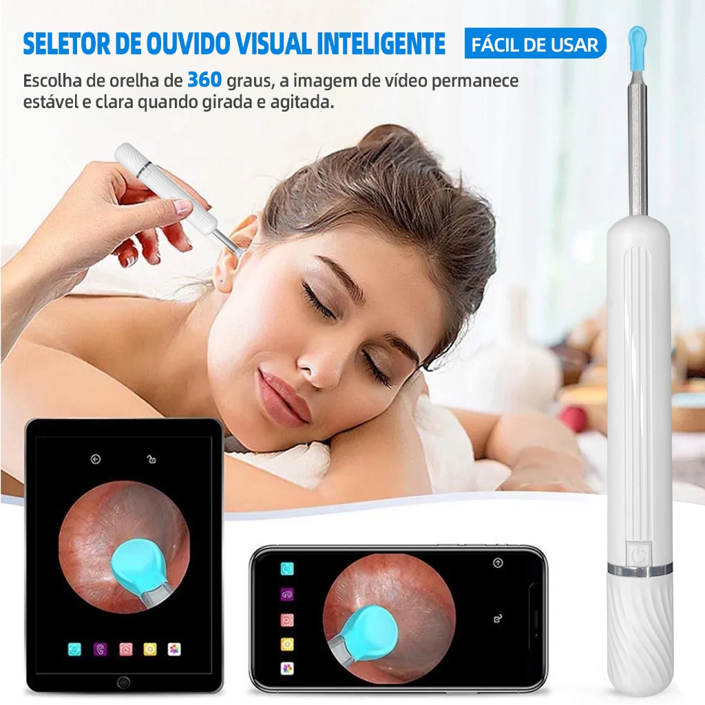 Otoscópio Visual Sem Fio De Alta Definição 1080P Removedor De Cera De Ouvido Com Câmera e Luz LED.