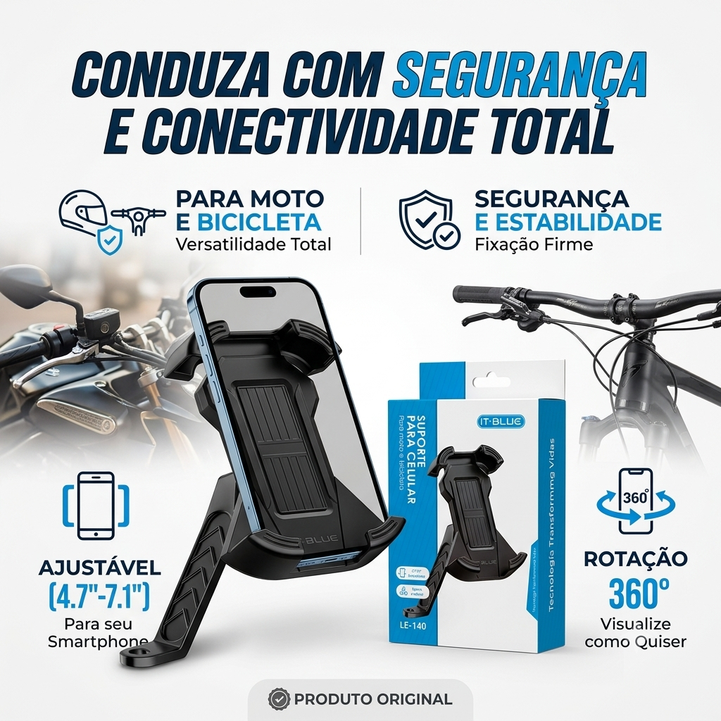 Suporte Universal para Celular LE-140 Moto Bicicleta Guidão Rotação 360° Ajustável 4,7" a 7,1"