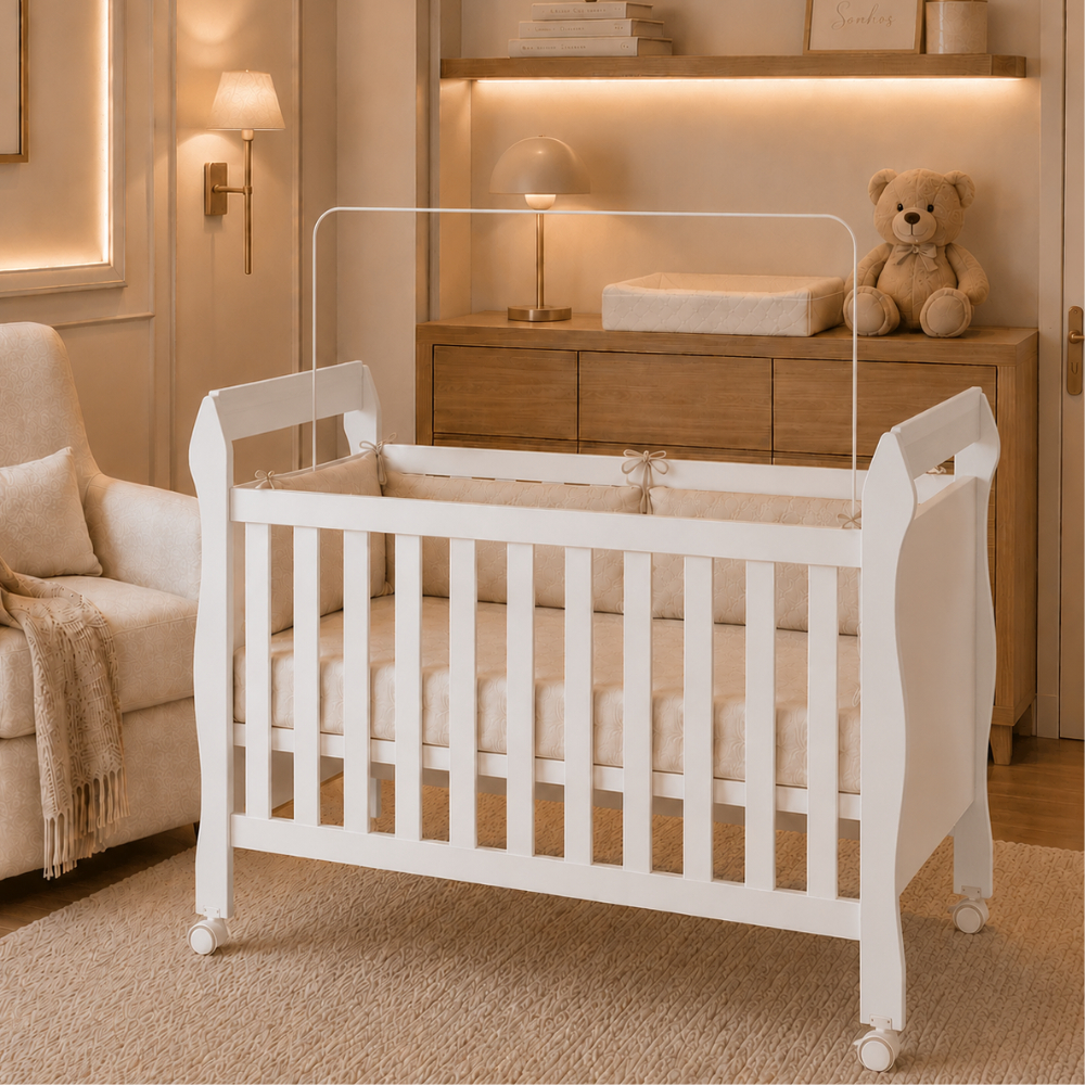 Berço Americano Soninho Rodízios Moderno Compacto Vira Mini Cama Para Quarto Bebê Infantil MDF Acompanha Colchão - AV