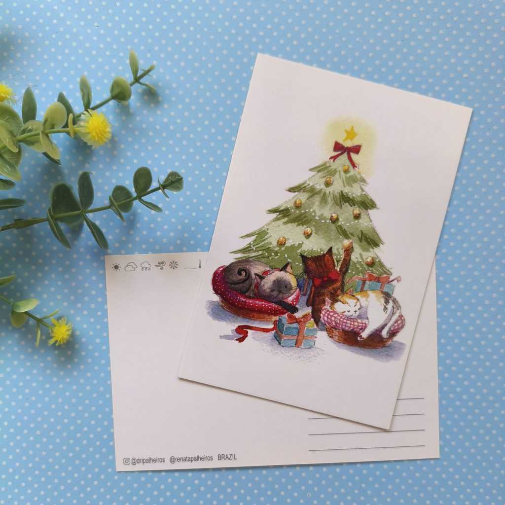 kit com 10 Cartões Postais [Feliz Natal brincando na árvore]  Presente Decorativo Correspondência