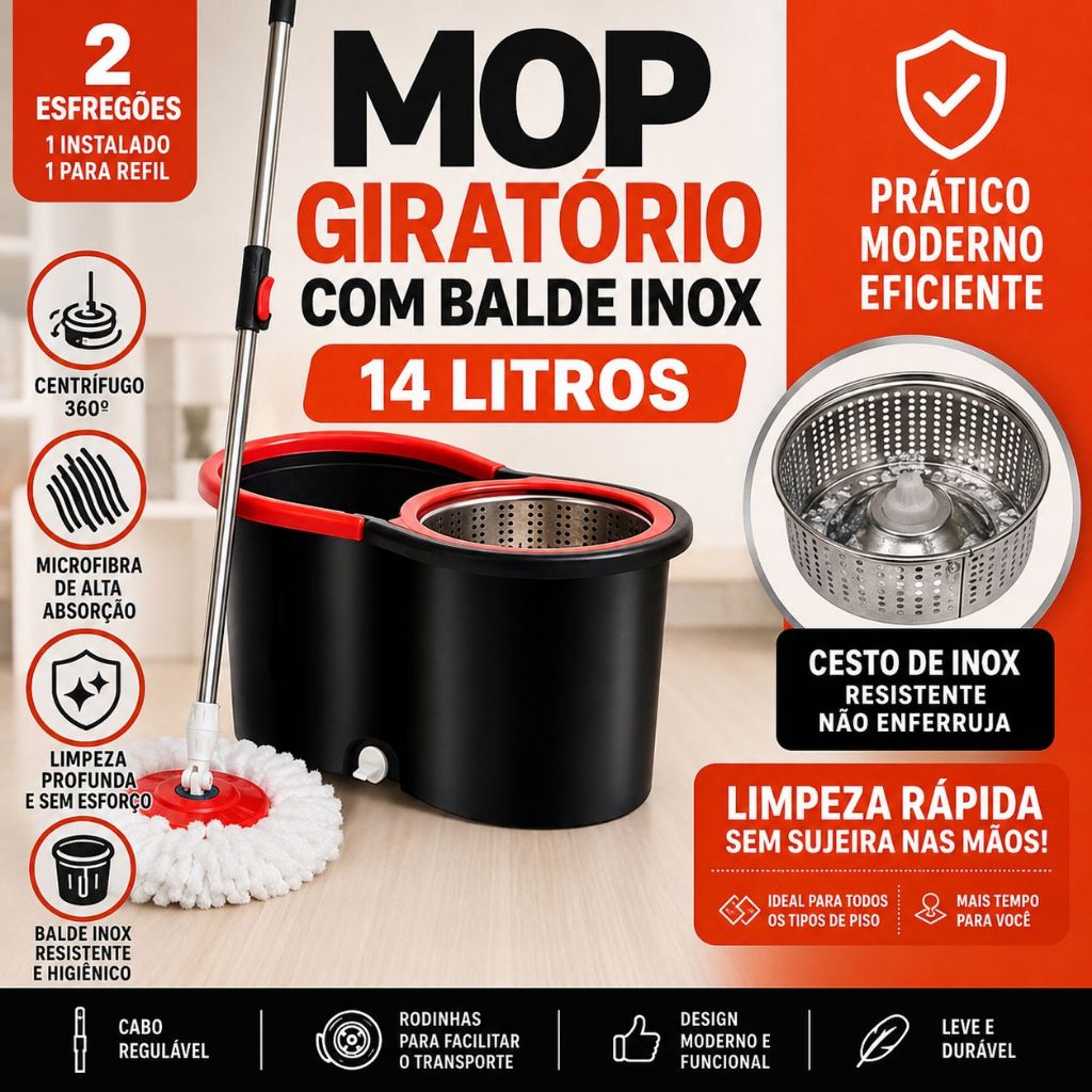 Mop 14 Litros Cabo De 140Cm C/2 Refil Cesto Em Inox Balde Com Rodinha