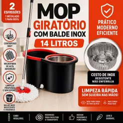 Mop Giratório Cabo De 140Cm C/2 Refil Cesto Em Inox Balde Com Rodinha