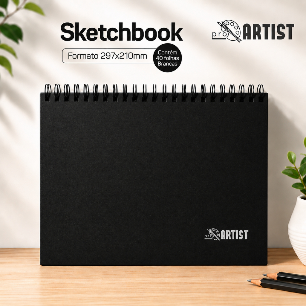 Caderno Sketchbook para desenho  Capa dura Preto A4 40 folhas 150g/m²